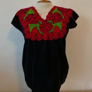 Vibrant embroidered Mexican Puebla blouse, Women's size L/XL
